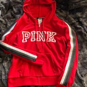 VS Pink vibrant red zip-up striped hoodie (large)